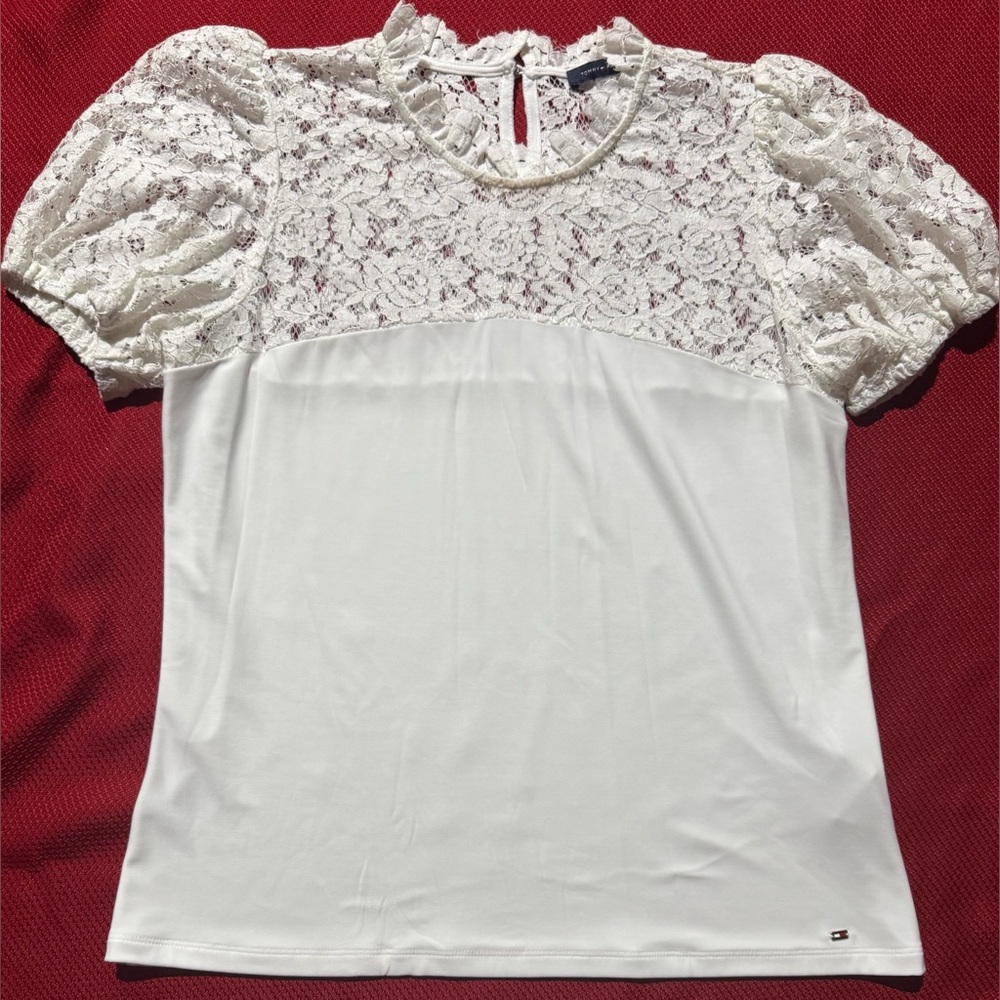 Tommy Hilfiger Cream Lace Puff Sleeve Blouse